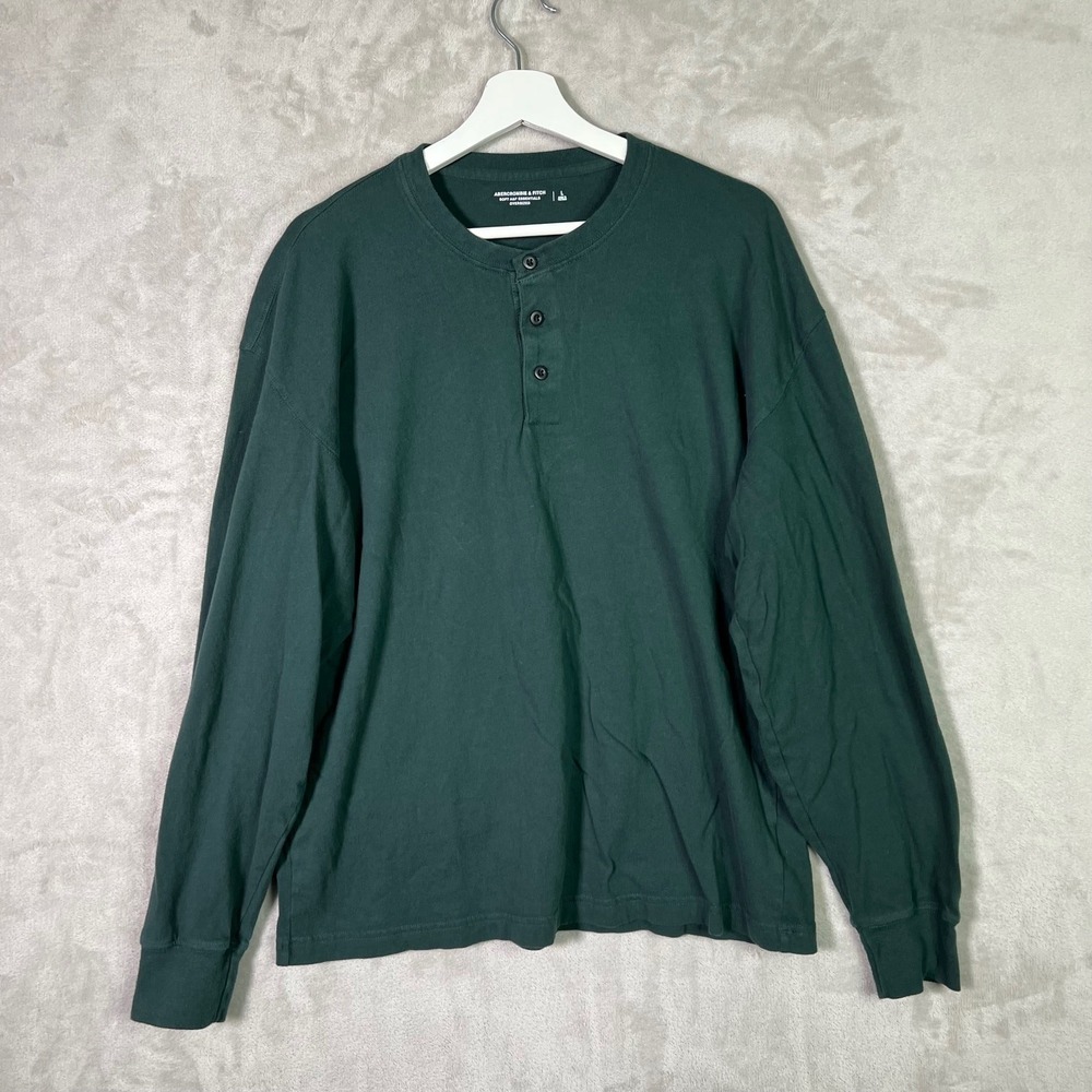 Abercrombie & Fitch Menss L Green Oversized Henley Shirt Long Sleeve Baselayer